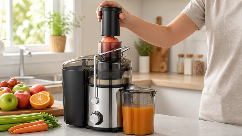 A Qcen 800W centrifugal juicer with a whole apple poised at its extra-wide feed chute