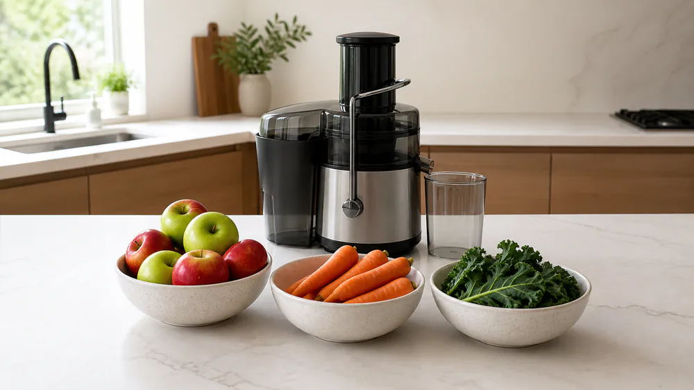 Prep bowls of whole apples, carrots, and kale lined up beside a centrifugal juicer in a test kitchen, ready for batch juicing