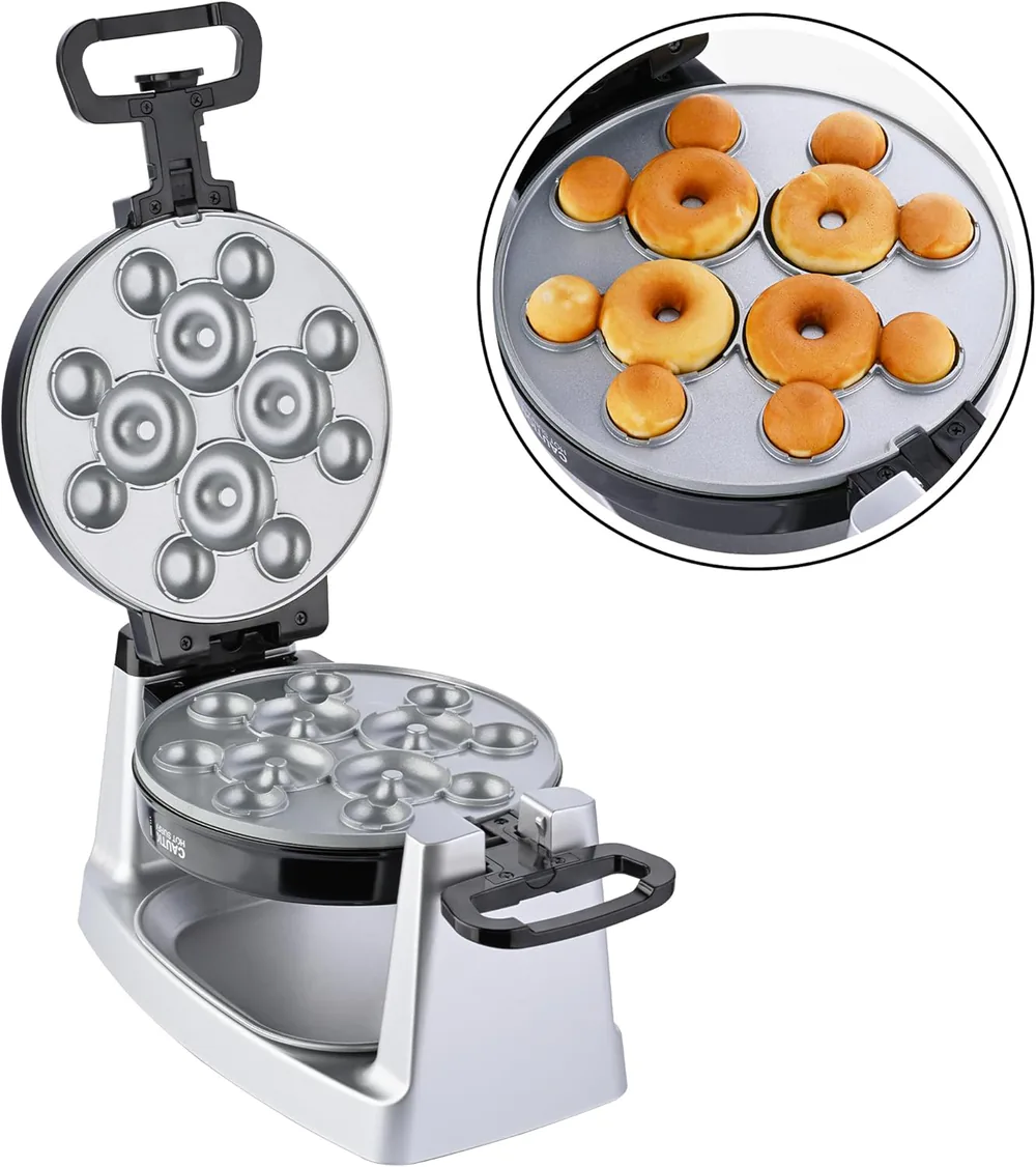 Manufacturer photo of the open Mickey treat maker with donut plates and an inset showing four Mickey-shaped donuts