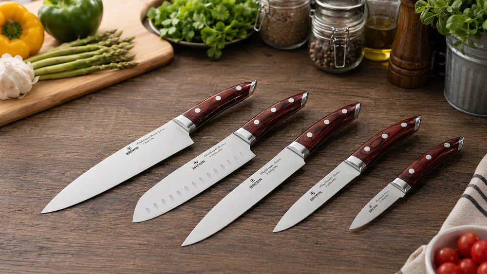 The Brewin Chefilosophi five-piece set laid out on a counter, red pakkawood handles and forged blades in a row.