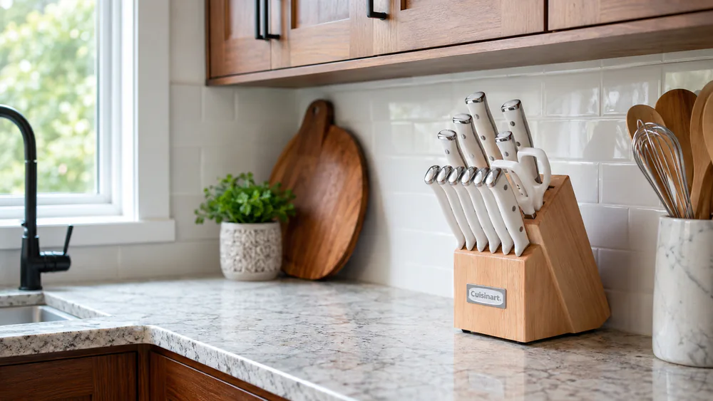 The Cuisinart 15-piece block sitting under upper cabinets, tilted back so knives clear the counter edge.
