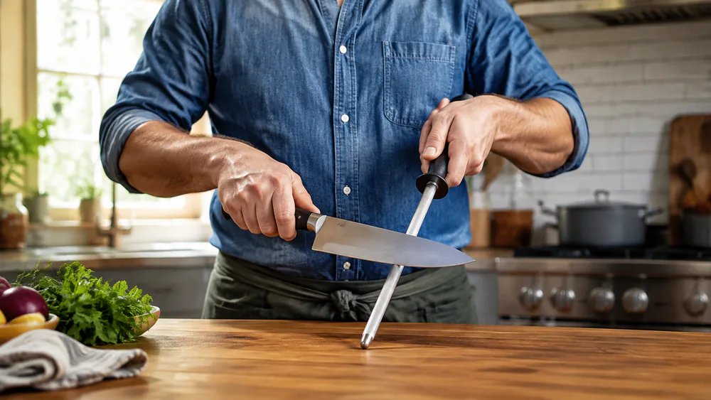 A chef's knife being run across a honing steel in the test kitchen, steel rod and blade meeting at a shallow angle.