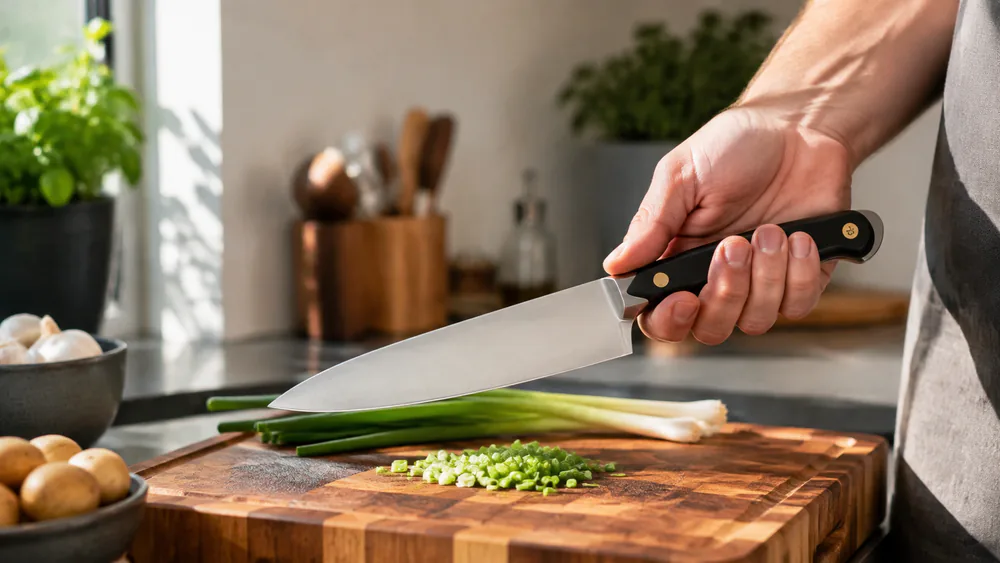 The Hedley & Bennett 8-inch chef's knife held over a cutting board, rounded spine and black handle visible.