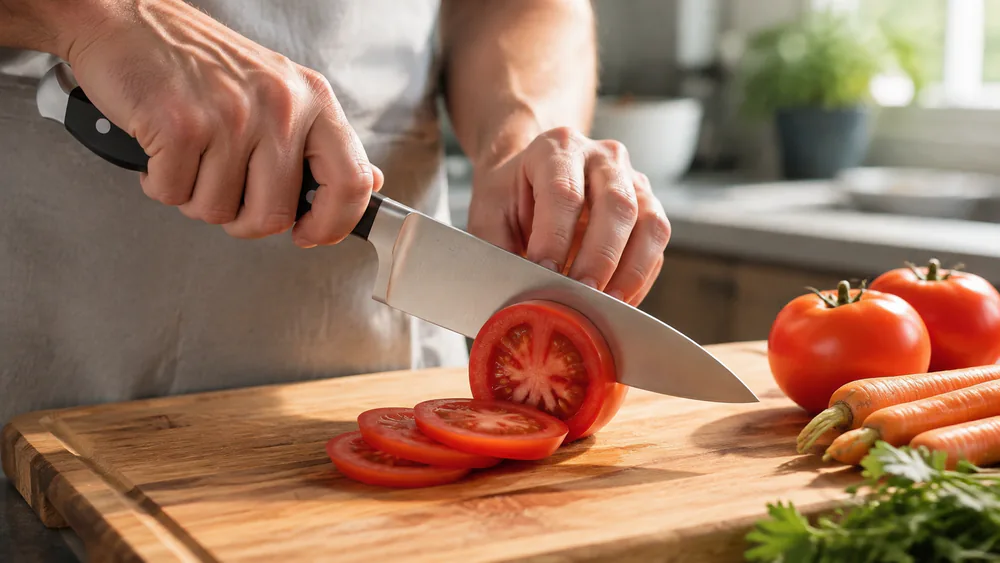 A tomato slice falling from the HENCKELS Statement chef's knife on a cutting board, carrots beside it.