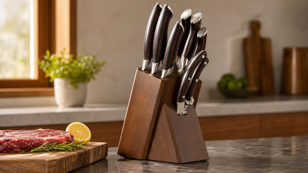 The HOSHANHO eight-piece set in its hardwood block, chef's and fillet knife handles with pakkawood grain visible.