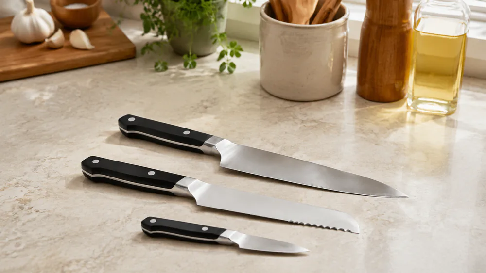 The Misen 3-piece set: chef's, paring, and serrated knife, with the sloped bolster on the chef's knife visible.