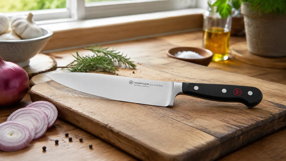 The Wüsthof Classic 8-inch chef's knife on a wooden cutting board, triple-riveted handle visible, blade edge reflecting kitchen light.