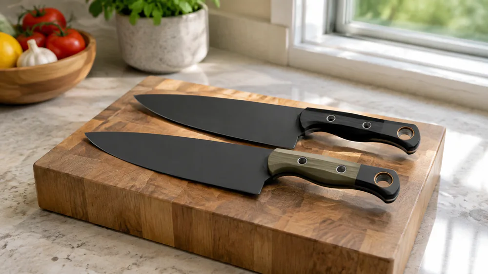 The Benchmade 4025BK-01 chef knife with OD green G10 handle and black DLC blade finish, on a wooden block next to the Richlite version.