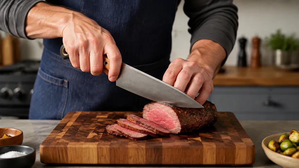 The Benchmade Chef Knife slicing a roast on a proper end-grain board in the test kitchen, the false-edge spine visible at the top of the blade.