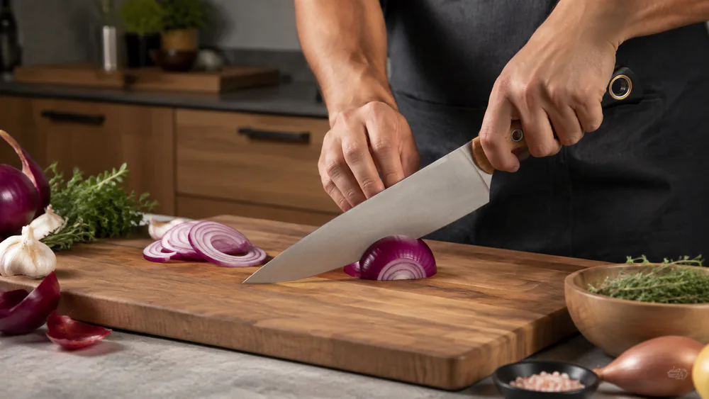 The Benchmade Chef Knife with its Maple Valley Richlite handle and black G10 bolster on a wood block, blade facing the camera.