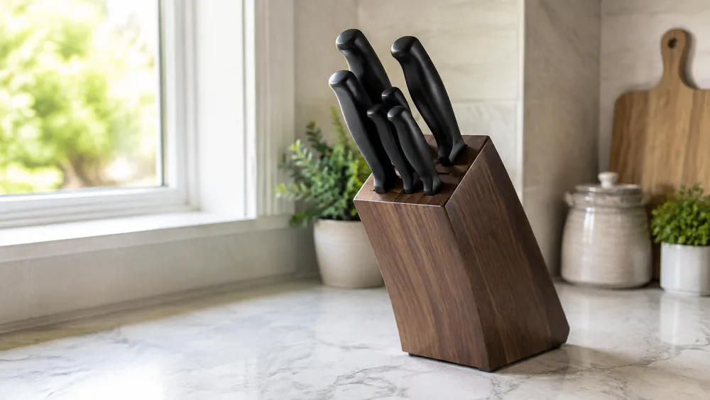 A filled knife block on a kitchen counter with an 8-inch chef's knife seated in the front slot, blade edge protected.
