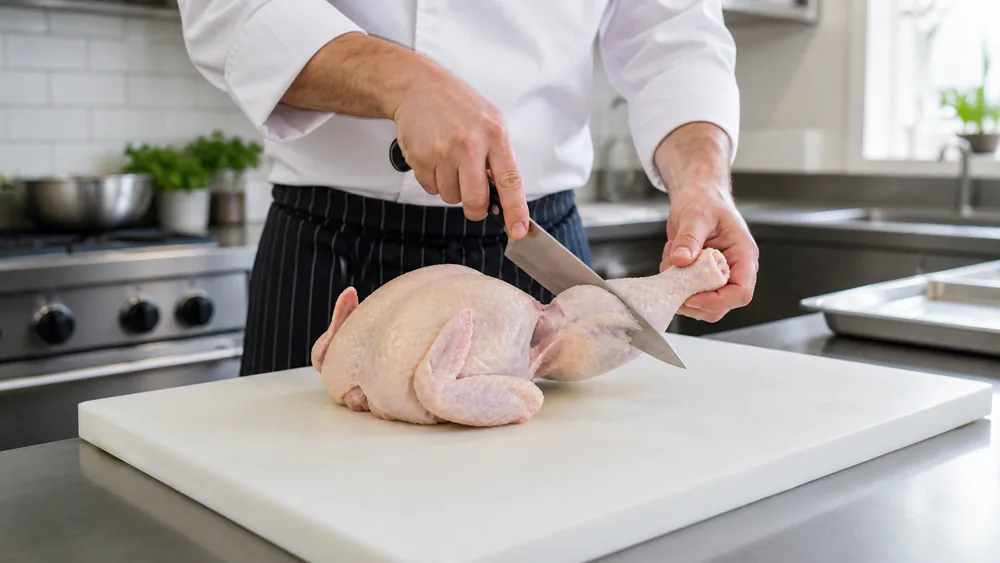 A chef's knife breaking down a whole chicken on a cutting board, jointing a leg with the blade tip at a workbench in the test kitchen.