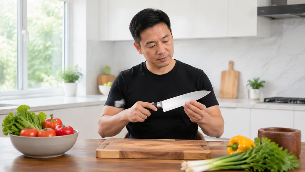 A tester holding a chef's knife blade under an angled bench light, checking the edge for rolls and chips after a prep session.