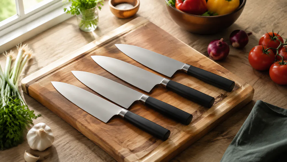 Four 8-inch chef's knives from the test lineup held side by side at the counter edge, showing blade length and height differences.