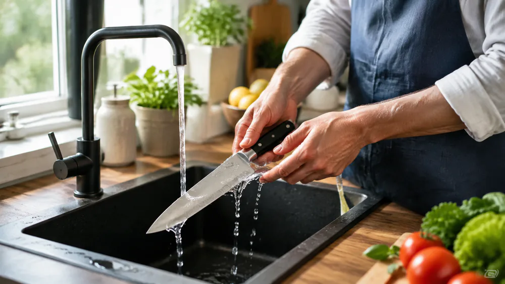 Hands washing a chef's knife blade under running water and drying it immediately with a kitchen towel over the sink.