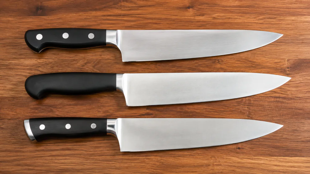 Two forged German chef's knives, a Henckels Classic and a Zwilling Four Star, side by side on a counter next to the Wüsthof Classic for comparison.
