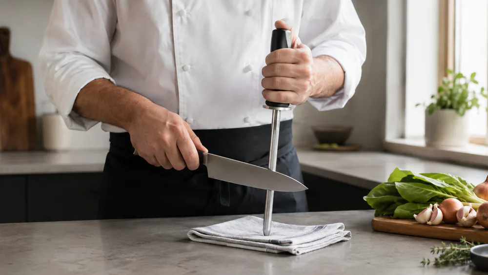 A chef running a chef's knife edge down a honing steel at a low angle over the sink, the correct shallow angle visible in the grip.