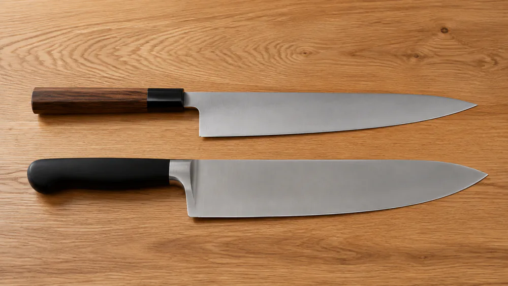 Two chef's knives side by side, a thin Japanese gyuto profile and a heavier German chef's knife, showing the difference in blade geometry.