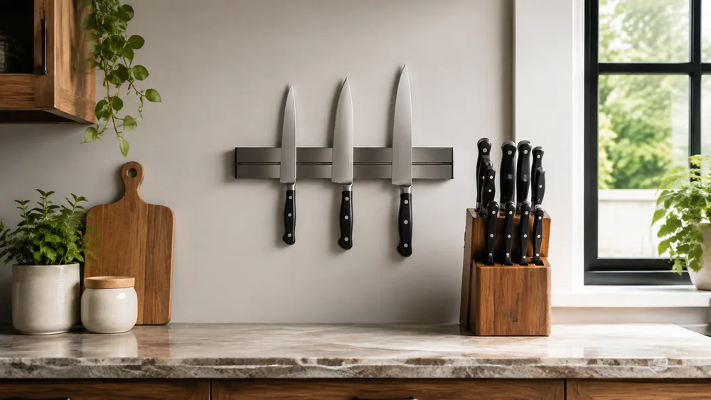 A chef's knife stored edge-up on a magnetic wall strip next to a filled knife block, blades separated so nothing knocks against an edge.