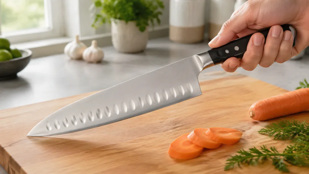 Close-up of the Mac MTH-80 blade showing the hollow-edge dimples and thin stamped profile, held over a cutting board in the test kitchen.