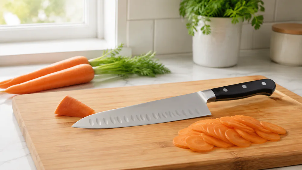 See-through thin carrot slices on a cutting board beside the Mac MTH-80, the result of a balance-point test in the test kitchen.