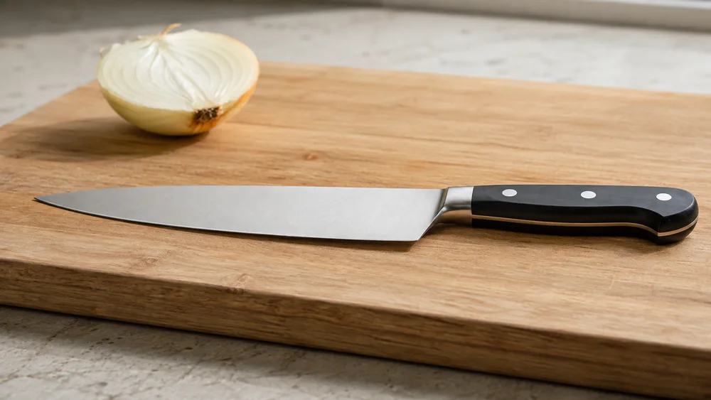 The Mercer Renaissance blade profile viewed from the spine, showing its thick construction, next to an onion half it wedged during testing.