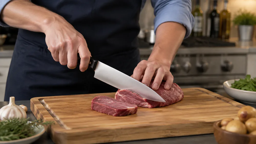 The Misono UX10 mid-session during a long butchery prep, trimmed meat portions on a cutting board, the knife held in a relaxed grip.