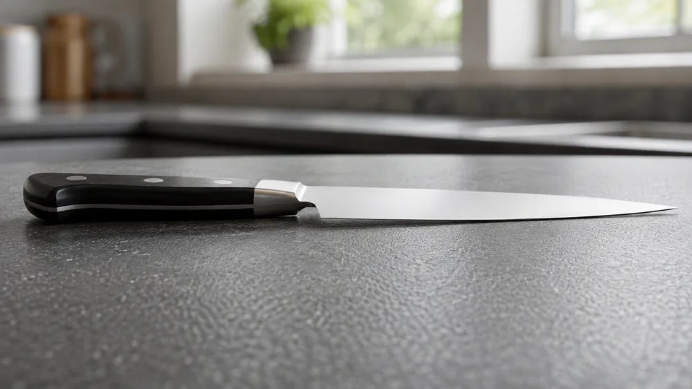 Side profile of the Misono UX10 showing the thin grind and flat blade face with no food-release reliefs, on a dark counter.