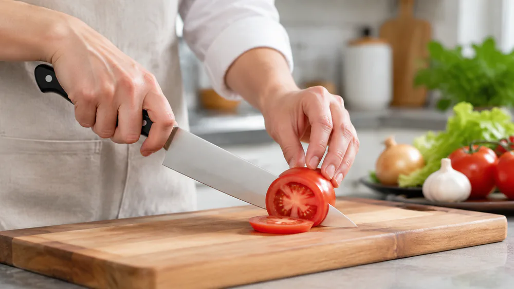 A tomato slice cut with the Misono UX10's 70/30 asymmetric edge, the blade gliding across the skin without tearing it.