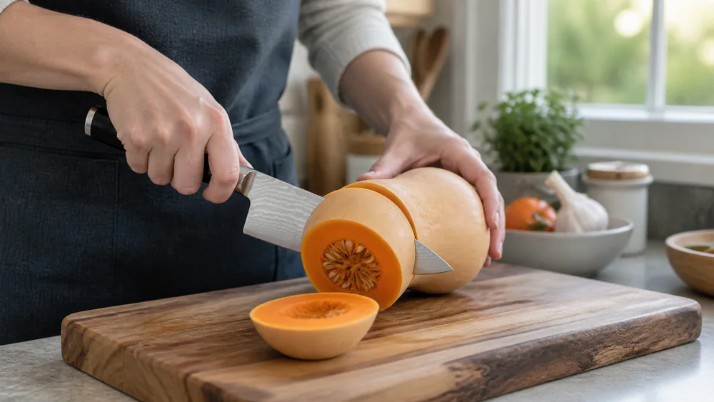 The Shun Classic halving a butternut squash on a cutting board late in the month-long test, the blade gliding through the neck cleanly.