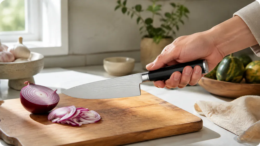 A right hand gripping the Shun Classic's D-shaped pakkawood handle mid-dice, knuckles clear of the board.