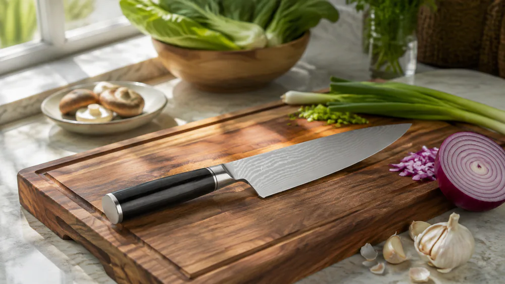 The Shun Classic's 68-layer Damascus blade pattern catching kitchen light, with the D-shaped pakkawood handle in the frame.