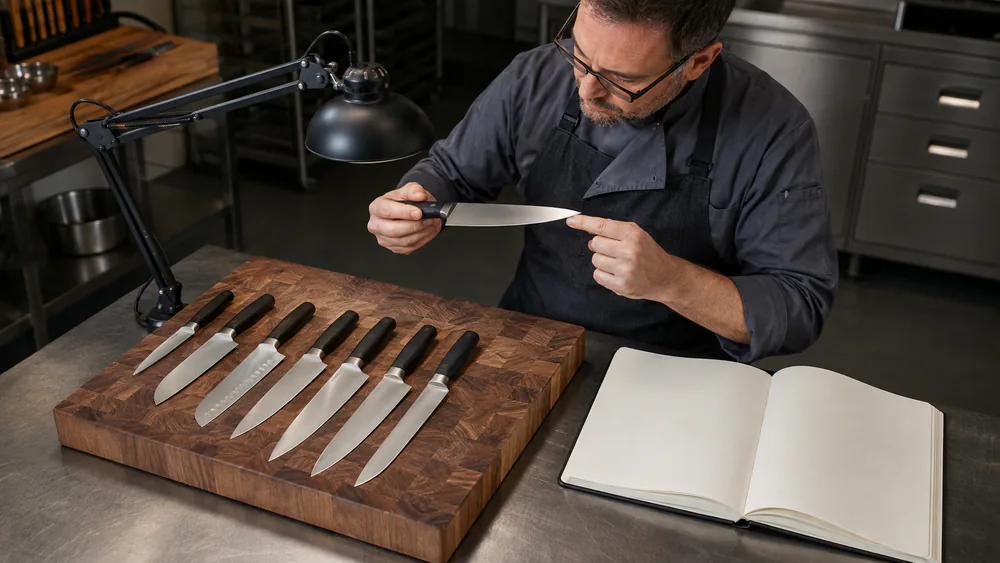 The test kitchen's edge-check logbook open to the chef's knife series, session dates and edge notes in ink beside the knives.