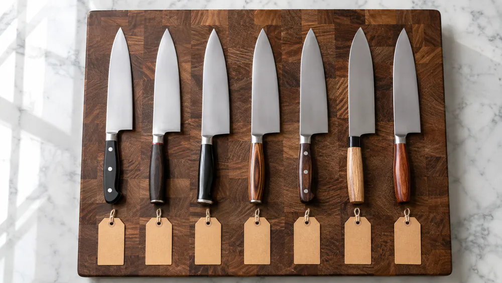 Seven chef's knives laid out in rotation on a large end-grain cutting board in the Mr. Kitchen Adviser test kitchen, each with a handwritten prep-session tag.
