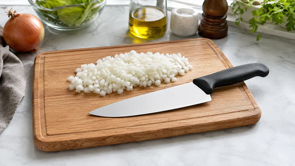 Uniformly diced onions on a cutting board beside the Victorinox Fibrox Pro during a weeknight prep session.