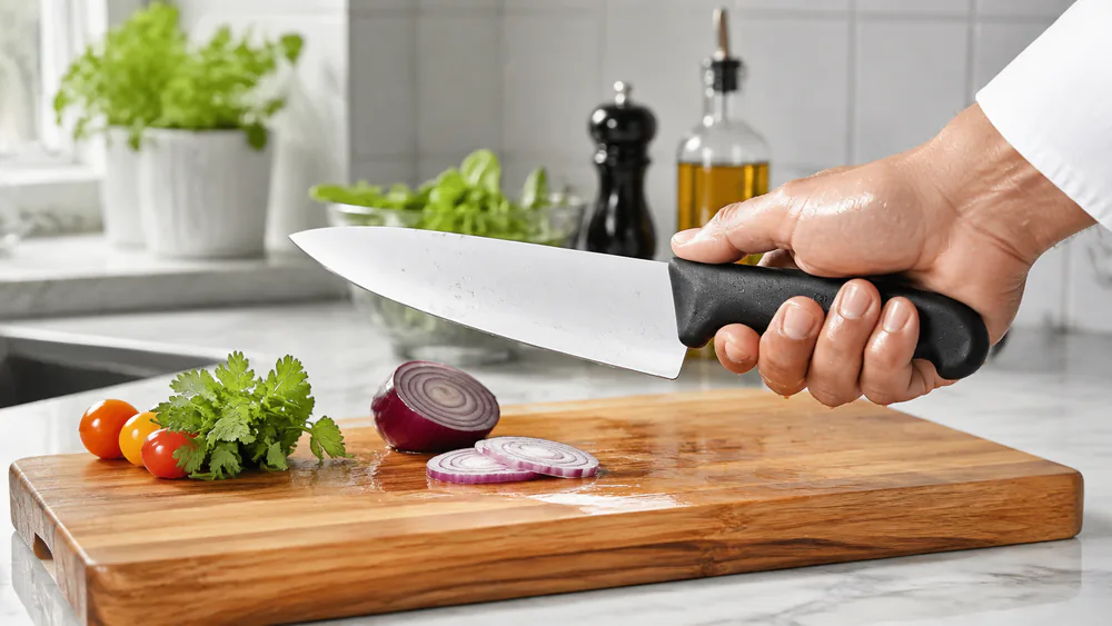 A wet-hand grip test on the Victorinox Fibrox Pro's textured black TPE handle over a stainless sink, water beading on the rubber.