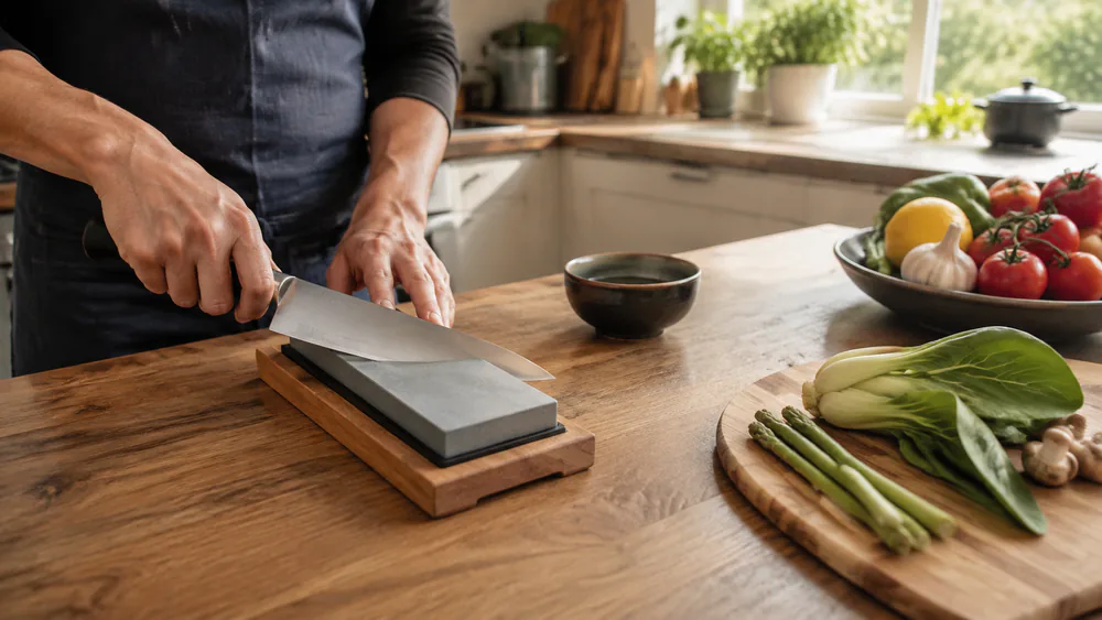 Hands sharpening a chef's knife on a whetstone over a kitchen sink, water sheeting across the stone, with a second stone on the counter.