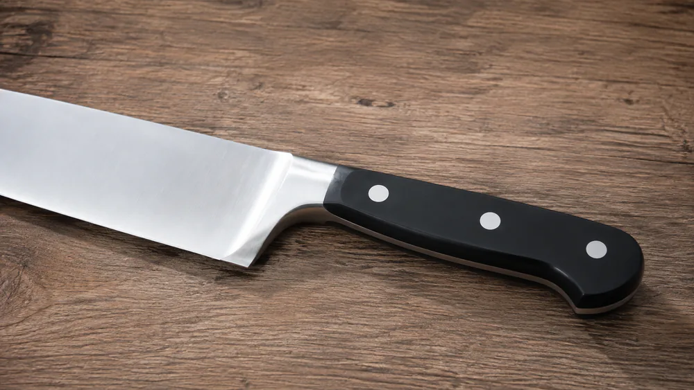 Close-up of the Wüsthof Classic's forged bolster and triple-riveted POM handle on a wood counter.