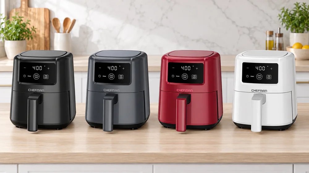 Chefman 2-quart air fryer shown in its black, gray, red and white color options