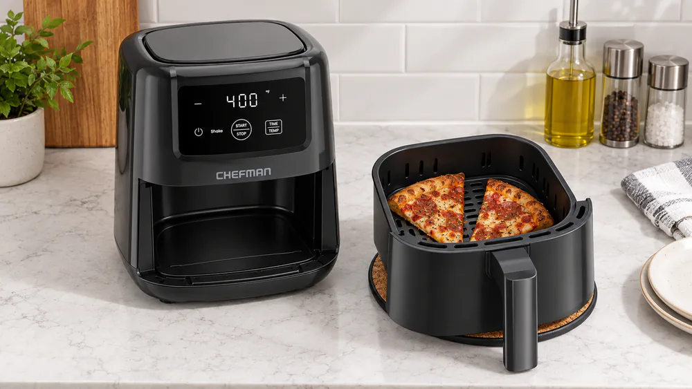 Two reheated pizza slices with crisp crust sitting in a Chefman 2-quart air fryer basket on a small kitchen counter