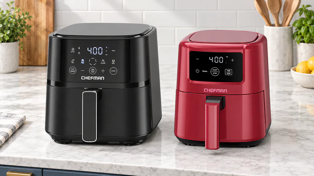 Chefman 4-quart touchscreen air fryer sitting beside a smaller 2-quart Chefman on a kitchen counter to show the size difference