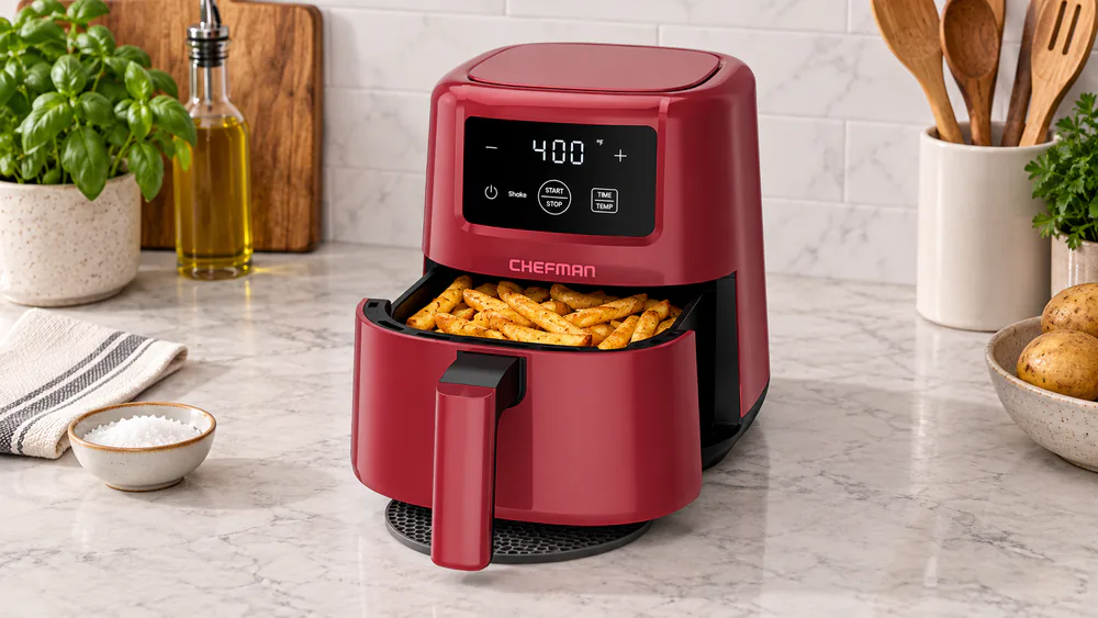 Chefman TurboFry 2-quart basket pulled halfway out showing a single serving of evenly crisp golden fries on the rack