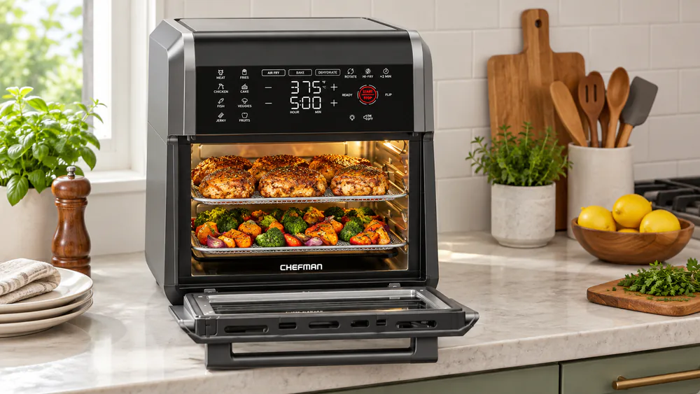 The Chefman 12-quart air fryer oven with two racks loaded with chicken thighs and vegetables, door open on a family kitchen counter