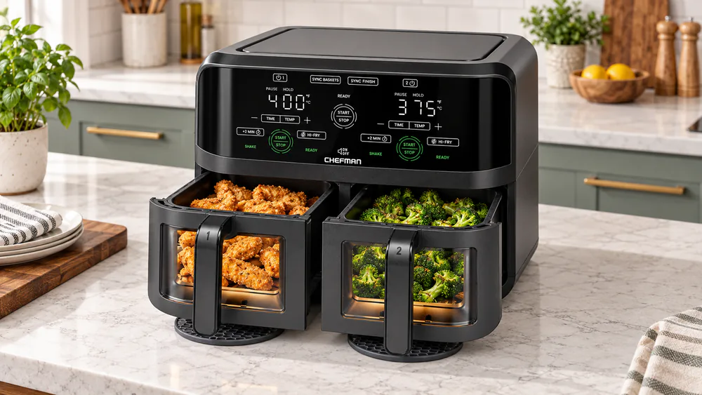 The Chefman 6-quart dual basket air fryer with both drawers pulled open, one holding chicken tenders and the other broccoli