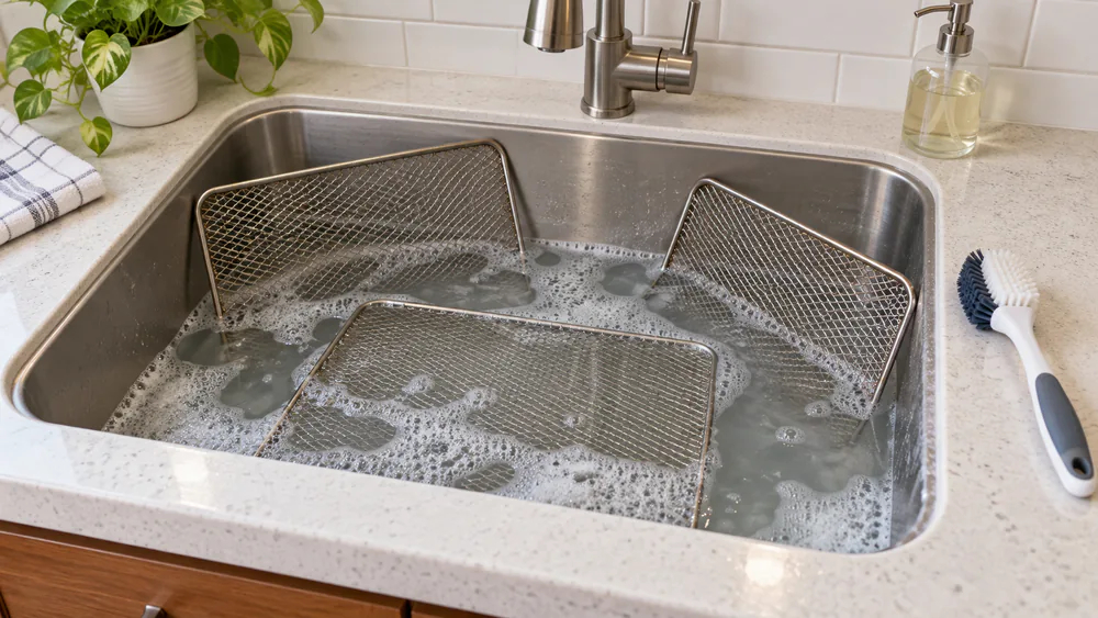 Wire racks from a Chefman air fryer oven soaking in a kitchen sink with a scrub brush beside them