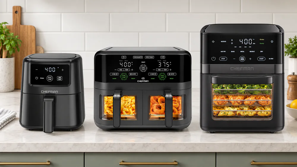 The Chefman 2-quart mini, 6-quart dual basket and 14-quart oven lined up on a kitchen counter to show their relative size