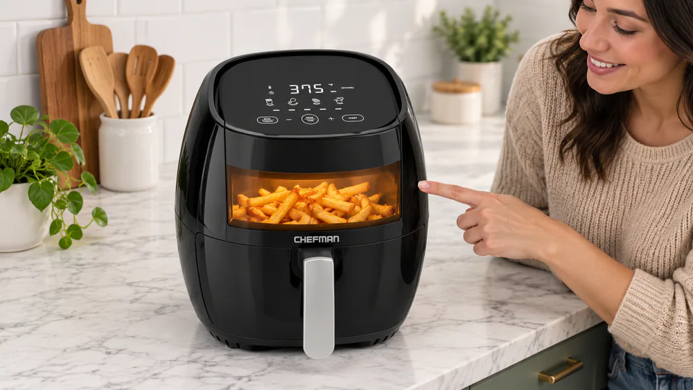 A hand checking fries through the lit viewing window of a Chefman TurboFry Touch 8-quart air fryer without removing the basket.
