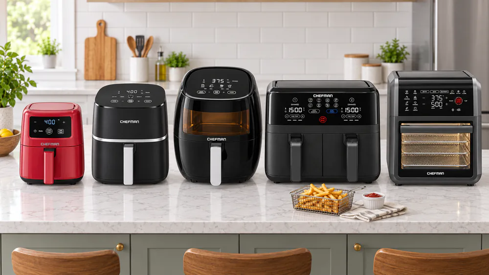 Five Chefman air fryers of different sizes lined up on a kitchen counter, from the 2-quart mini to the 12-quart oven, with a basket of fries in front.