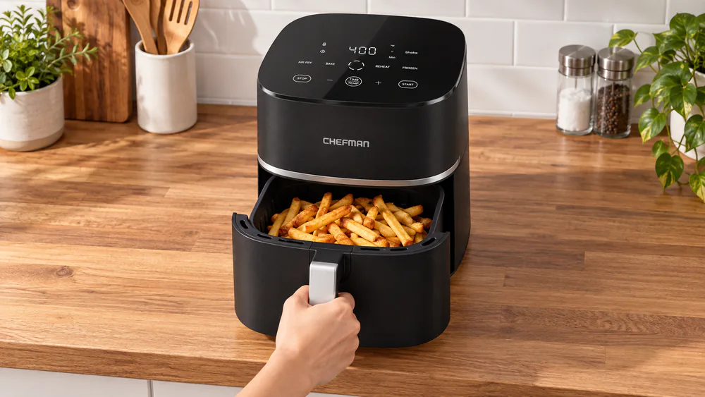 A Chefman TurboX 5-quart air fryer basket pulled open to show a batch of golden frozen fries cooked without preheating.
