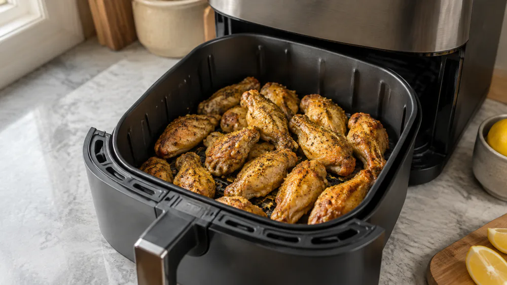 Crispy chicken wings coated in lemon pepper seasoning inside an air fryer basket, flecks of black pepper visible on the golden skin.